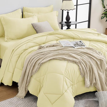 HEVUMYI Cream Yellow Twin-XL Comforter Set - 5-Piece All Season Bed in a Bag Twin-XL, Ultra Soft Bedding Set with Comforter, Flat Sheet, Fitted Sheet, Pillowcases, Pillow Shams