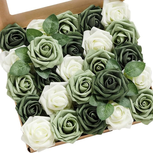 Ling's moment Artificial Flowers 25Pcs Emerald Green Mix Roses Decor w/Stems,3" Real Touch DIY Foam Floral for Wedding Bouquet/Centerpieces, Outdoors Party Backdrop, Room/Table, and Garden/Pot Decor