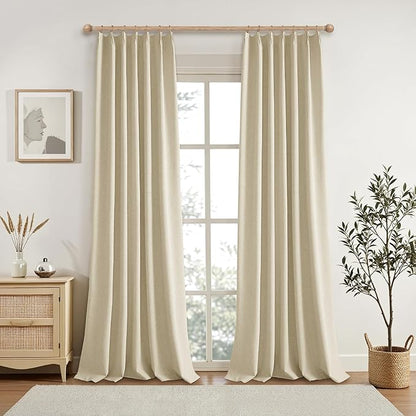 KangBang 95 Inch Beige Blackout Curtains Pinch Pleated Drapes for Living Room, Energy Efficient Linen Textured Window Panels for Bedroom Dorm, Soft & Vertical Home Decor, Natural Beige,52x95