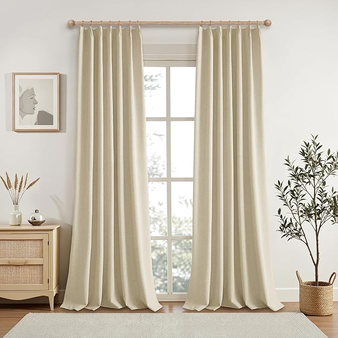 KangBang Pinch Pleat Linen Blackout Curtains 90 Inches Long for Bedroom, Thermal Pinch Pleated Drapes for Living Room Nursery, Soundproof Elegant Home Decor(2 Panels, Natural Beige,42x90)