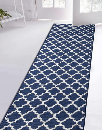 Custom Size Cut to Length Moroccan Trellis Design Runner Rug Mat For Wide Long Hallways with Non-Slip Rubber Backing, Better Traction for Pets, Prevent Slippage, Trellis Navy Blue, 31 inch X 15 feet