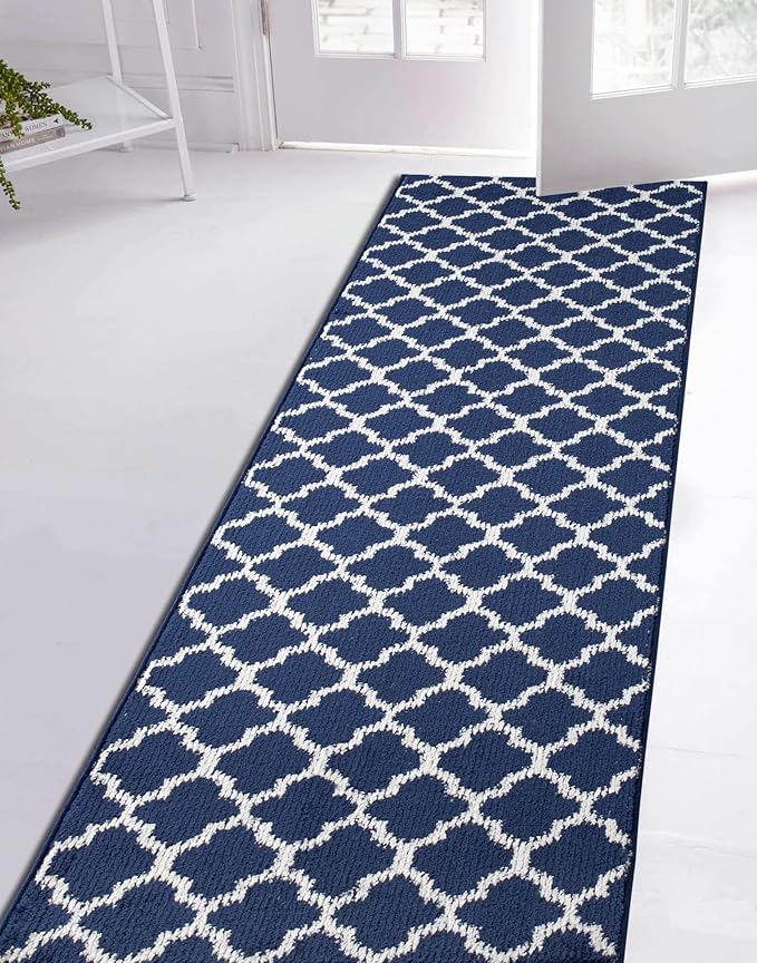Custom Size Cut to Length Moroccan Trellis Design Runner Rug Mat For Wide Long Hallways with Non-Slip Rubber Backing, Better Traction for Pets, Prevent Slippage, Trellis Navy Blue, 31 inch X 11 feet