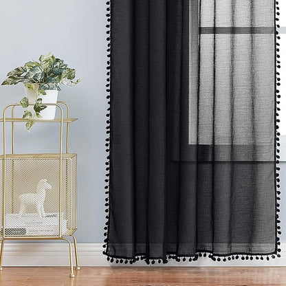 Treatmentex Black Sheer Curtains for Living Room 95" Linen Texture Chic Curtain Panels Pom Pom Trimmed Voile Drapes for Bedroom Office Children's Room 2pcs