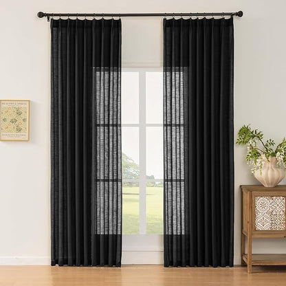 Black Linen Sheer Pinch Pleated Sliding Door Curtains, 2x50 Inches Width, Dark Moody Neutral Light Filtering Drapes 90 Inches Long, Textured Modern Farmhouse Window Curtain Panels