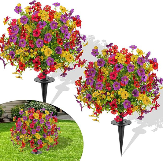 23" Set of 2 Artificial Boxwood Topiary Ball with Violet Flowers with Spikes for Outdoor, UV Resistant Faux Greenery Shrubs, Realistic Fake Bushes Plants for Garden, Yard, Front Porch, Patio Decor