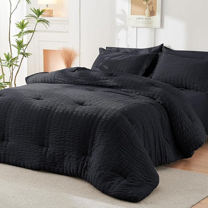 HYMOKEGE Black Full Size Comforter Sets Seersucker 7 Pieces, All Season Luxury Bed in a Bag for Bedroom, Bedding Set with Comforters, Sheets, Pillowcases & Shams