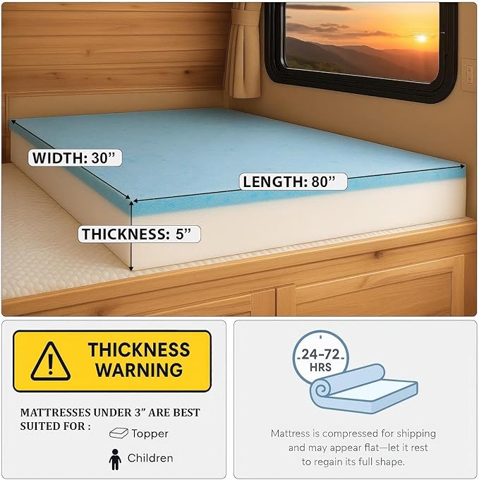Foamma 5” x 30” x 80” Camper/RV Travel Gel Memory Foam Bunk Mattress Replacement, Made in USA, Comfortable, Travel Trailer, CertiPUR-US Certified, Cover Not Included