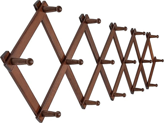 SKOLOO Accordion Wall Hanger with 16 Hooks, Modern Expandable Coat Rack Hat Rack for Wall, Solid Wooden, Walnut Color