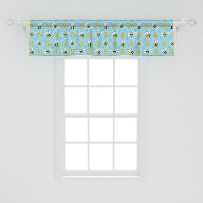 Ambesonne Cartoon Window Valance Pack of 2, Summer Style Funny Demonstration of Happy Flying Characters and Hexagon Comb, Rod Pocket Curtain Valances for Kitchen Bedroom, 42" X 12", Sky Blue Mustard