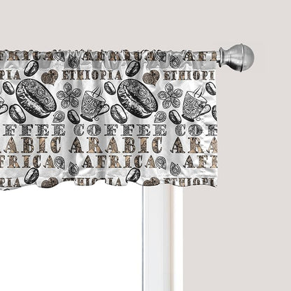 Ambesonne Modern Window Valance Pack of 2, Coffee Beans with Ornamental Words Ethiopians Pattern, Rod Pocket Curtain Valances for Kitchen Bedroom, 42" X 12", Sand Brown Black