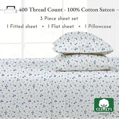 California Design Den Deep Pocket Twin Sheets Set - 400 Thread Count Sateen, Natural 100% Cotton Sheets, Cooling and Durable Bedding Set - Blooming Meadows