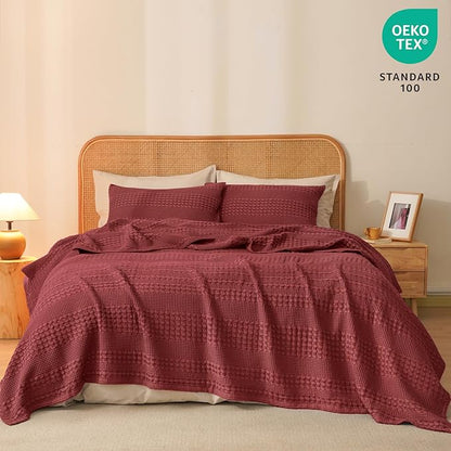 PHF 100% Cotton Waffle Weave Blanket King Size for Bed, Soft Lightweight & Breathable, All-Season Comfort, Luxury Aesthetic Woven Bedding for Home Decor, 108"x90", Wine Red
