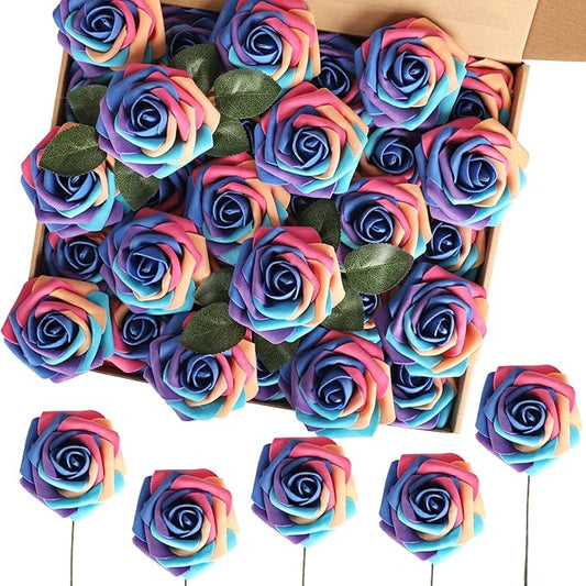 MACTING Artificial Rose Flowers 60PCS Real Looking Foam Fake Roses Rainbow Fake Flowers with Stem for DIY Wedding Bouquets Baby Shower Centerpieces Party Tables Home Spring Mothers Day Decorations