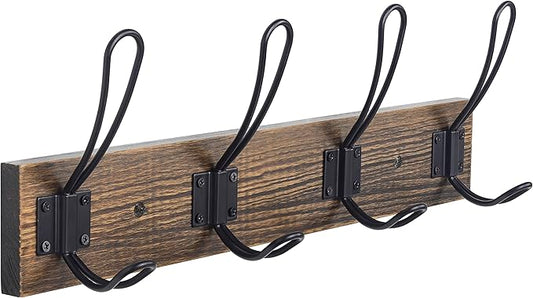 Rustic Wall Mounted Coat Hook with 4 Farmhouse Hooks - Solid Pine Wood Towel and Coat Rack for Bathroom, Entryway, Kitchen - Brown