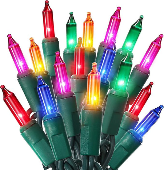 ODEETRONIC Multicolor Christmas Lights, 21.63ft 100 Count Incandescent holiday Lights Connectable, 120V UL Certified Mini Christmas Tree Light for Xmas, Party, House Indoor & Outdoor Decor, Green Wire