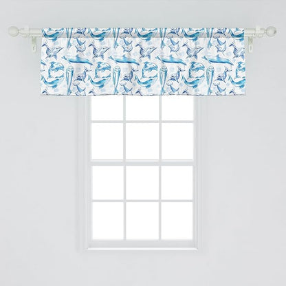 Ambesonne Sea Animals Window Valance Pack of 2, Sketch of Bottlenose Dolphins Playing Laughing in The Ocean Sea Life Print, Rod Pocket Curtain Valances for Kitchen Bedroom, 42" X 18", Turquoise White