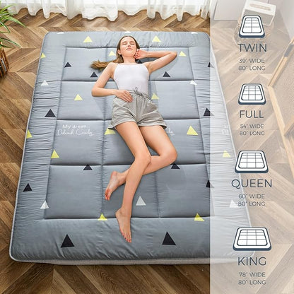 MAXYOYO Grey Triangle Futon Mattress, Japanese Floor Mattress Quilted Bed Mattress Topper, Extra Thick Folding Sleeping Pad Breathable Floor Lounger Guest Bed for Camping, King