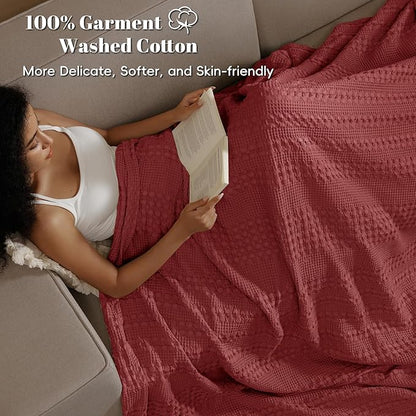 PHF 100% Cotton Waffle Weave Blanket Twin Size for Bed, Soft Lightweight & Breathable, All-Season Comfort, Luxury Aesthetic Woven Bedding for Home Decor, 66"x90", Wine Red
