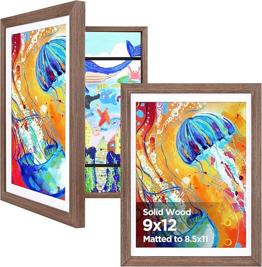 KINLINK 9x12 Kids Art Frames Set of 2, Solid Wood Kids Artwork Frames Changeable with Acrylic Front Opening Holds 150 Pictures, Art Frame for Kids Artwork with Mat or without Mat, Brown Wood