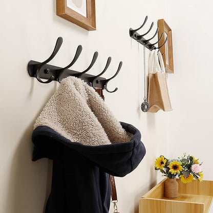 SKOLOO Modern Metal Wall Coat Rack with 5 Hooks, Pack of 2, Sturdy Wall Hook Rack for Hanging Coat, Jacket, Clothes, Hat, Matte Black