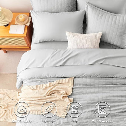 CozyLux Full Bed in a Bag Light Grey Seersucker Textured Comforter Set with Sheets 7-Pieces All Season Bedding Sets with Comforter, Pillow Sham, Flat Sheet, Fitted Sheet and Pillowcase