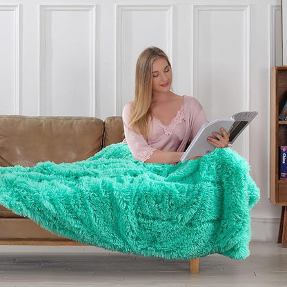 Tuddrom Decorative Extra Soft Faux Fur Throw Blanket 50"x60",Solid Reversible Fuzzy Lightweight Long Hair Shaggy Blanket,Fluffy Cozy Plush Fleece Comfy Microfiber Blanket for Couch Sofa Bed,Teal Blue
