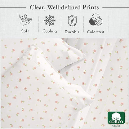 California Design Den Deep Pocket Twin Sheets Set - 400 Thread Count Sateen, Natural 100% Cotton Sheets, Cooling and Durable Bedding Set - Soft Floral