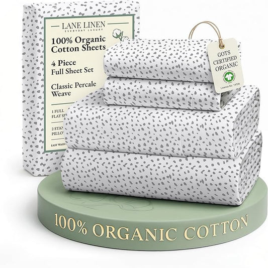 LANE LINEN 100% Organic Cotton Printed Full Size Sheet & Pillowcase Sets, 15" Deep Pocket Fully Elasticized Soft & Comfy Percale Bedding, Eco Friendly Cotton Sheets Full- Haze Grey