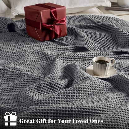 PHF 100% Cotton Waffle Weave Blanket Queen Size for Bed,Snag Proof Lightweight Breathable Moisture-wicking Throw for Couch,Great for Layering in Cold Weather,Machine Washable, Home Decor Gift-Charcoal