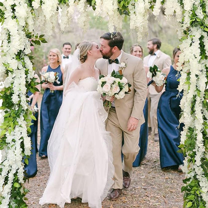 Wisteria Artificial Flowers Garland, 4Pcs Total 28.8ft Silk Faux Wisteria Vine Kit, Hanging Flower Plant for House Outdoor Garden Ceremony Outside Wedding Arch Floral Decor (4, White)