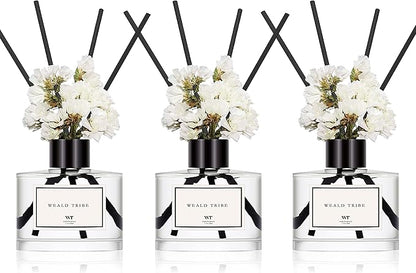 WEALD TRIBE Real Flower Reed Diffuser Set of 3 for Bathroom Air Fresheners, Oil Defusers | Fresh Linen/Ocean/Eucalyptus & Mint Scent(1.7 fl oz Each Pack) Home Fragrance with 12 Stick | Shelf Decor