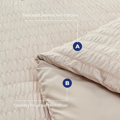 HYMOKEGE Beige Oversized King Comforter Set Seersucker 7 Pieces, All Season Luxury Bed in a Bag for Bedroom, Bedding Set with Comforter, Sheets, Pillowcases & Shams