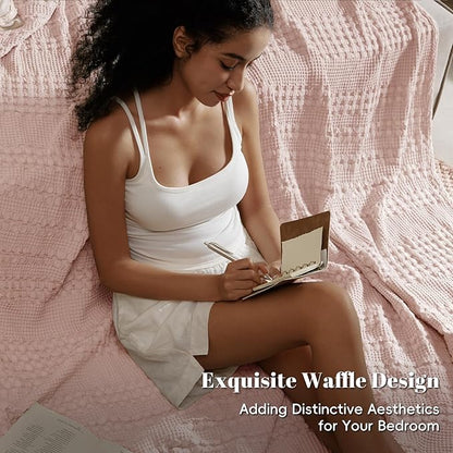 PHF 100% Cotton Waffle Weave Blanket King Size for Bed, Soft Lightweight & Breathable, All-Season Comfort, Luxury Aesthetic Woven Bedding for Home Decor, 108"x90", Pink/Mauve