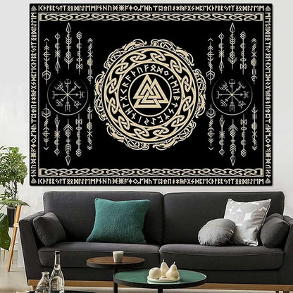 OSUNBD Nordic Viking Tapestry Wall Hanging - Small 70x47 inches Soft Flannel with Valknut, Celtic Runes & Norse Mythology Scandinavian for Bedroom, Living Room Decor