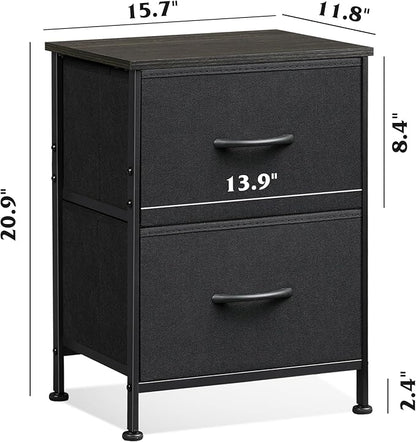 WLIVE Black Nightstand, Small Dresser for Bedroom with 2 Fabric Drawer, Bed Side Table with Drawers, End Table Bedside Furniture, Sturdy Steel Frame, Wood Top, Closet Organizer, College Dorm