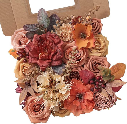 Artificial Flowers Combo Box Set Burnt Orange Fake Flower Leaf Box with Stems for DIY Wedding Bouquets Centerpieces Arch Arrangement Baby Shower Party Home Decorations
