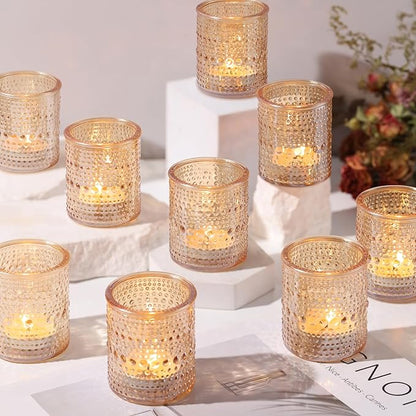15Pcs Glass Votive Candle Holders, Gold Tea Light Candle Holders Vintage Fall Tealight Candle Holder Bulk for Autumn, Thanksgiving Table Centerpieces, Christmas Decor (Gold)