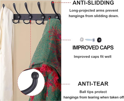 Dseap Coat Rack Wall Mounted - 5 Tri Hooks, Heavy Duty, Stainless Steel, Metal Coat Hook Rail for Coat Hat Towel Purse Robes Mudroom Bathroom Entryway,Black