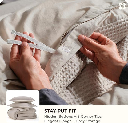 Bedsure Cotton Duvet Cover Set - 100% Cotton Waffle Weave Linen Duvet Cover Oversized King Size, GentleSoft™ and Breathable Bedding Set for All Season, 3 Pieces, 120"x98"