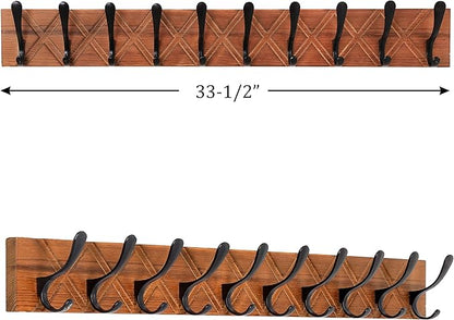 SKOLOO Coat Rack Wall Mount - Antique Wooden Carved- X Cross Coat Hook, Wall Coat Hanger with 10 Hooks for Hanging Coats, Hats, Clothing, Scarfs, Brown & Black