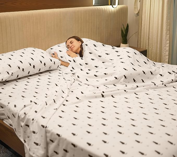 RUVANTI Flannel Sheets California King Size - 100% Cotton Brushed Cal King Bed Sheets Set - Deep Pockets 14 Inches - All Seasons Breathable & Extra Soft - Warm & Cozy, 4 Piece, Black Cat