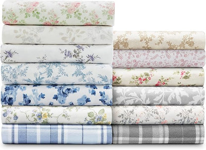 Laura Ashley - Flannel Sheets Queen Size, Anti-Pilling & Wrinkle Resistant Cotton, Touchably Soft for All-Season Comfort - Bed Sheets with Matching Pillowcases & Fitted Sheet (Victoria Beige)