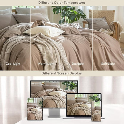 MooMee Bedding Duvet Cover Set 100% Washed Cotton Linen Like Textured Breathable Durable Soft Comfy (Solid Brown, Twin 68"x90")