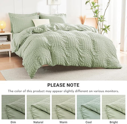 HYMOKEGE Light Green Full Size Comforter Sets Seersucker 7 Pieces, All Season Luxury Bed in a Bag for Bedroom, Bedding Set with Comforters, Sheets, Pillowcases & Shams