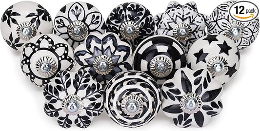 Knobs for Cabinets and Drawers Assorted Black Cupboard Wardrobe Furniture Knob Door Pull Handles for Dresser Kitchen Wardrobes Boho Home Interior Decor -Pack of 12