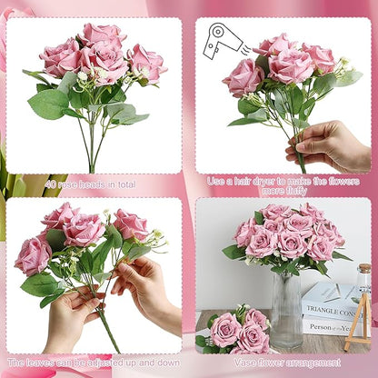 Artificial Roses Flower Dusty Rose Flowers - 8 Bundles Rose Bouquet Fake Silk Flowers Realistic Faux Florals Bulk for Wedding Bridal Party Baby Shower Arrangements Centerpieces Home Decorations