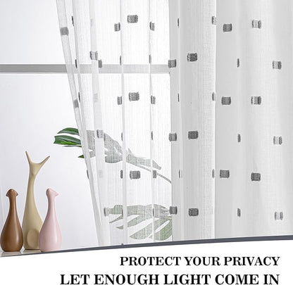 MYSKY HOME White Curtains for Bedroom 84 Inch Length Long Sheer Curtains for Living Room Nursery Curtains with Grey Patched Design Rod Pocket Privacy Window Drapes Dining Room 52" x 84" 2 Panels