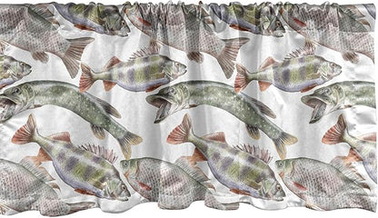 Ambesonne Fishes Window Valance, Watercolor Common Carp Perch and Bass Freshwater Animals Themed Seafood Drawing, Curtain Valance for Kitchen Bedroom Decor with Rod Pocket, 42" x 18", Pale Blue Grey
