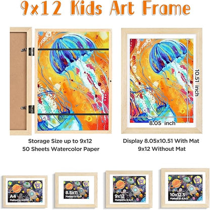 KINLINK 9x12 Kids Art Frames Set of 2, Solid Wood Kids Artwork Frames Changeable with Acrylic Front Opening Holds 150 Pictures, Art Frame for Kids Artwork with Mat or without Mat, Natural