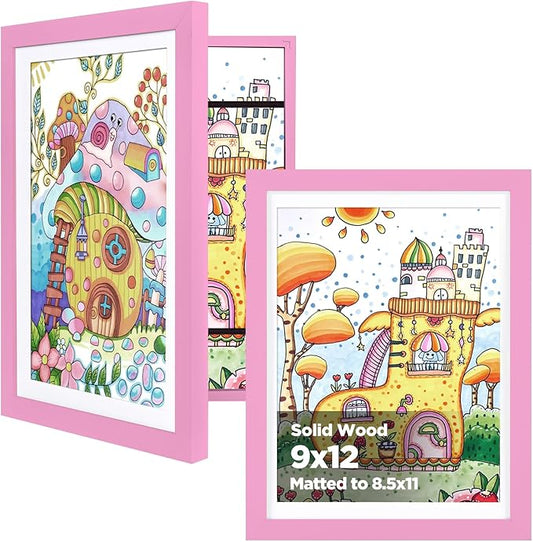 KINLINK 9x12 Kids Art Frames Set of 2, Solid Wood Kids Artwork Frames Changeable with Acrylic Front Opening Holds 150 Pictures, Art Frame for Kids Artwork with Mat or without Mat, Pink